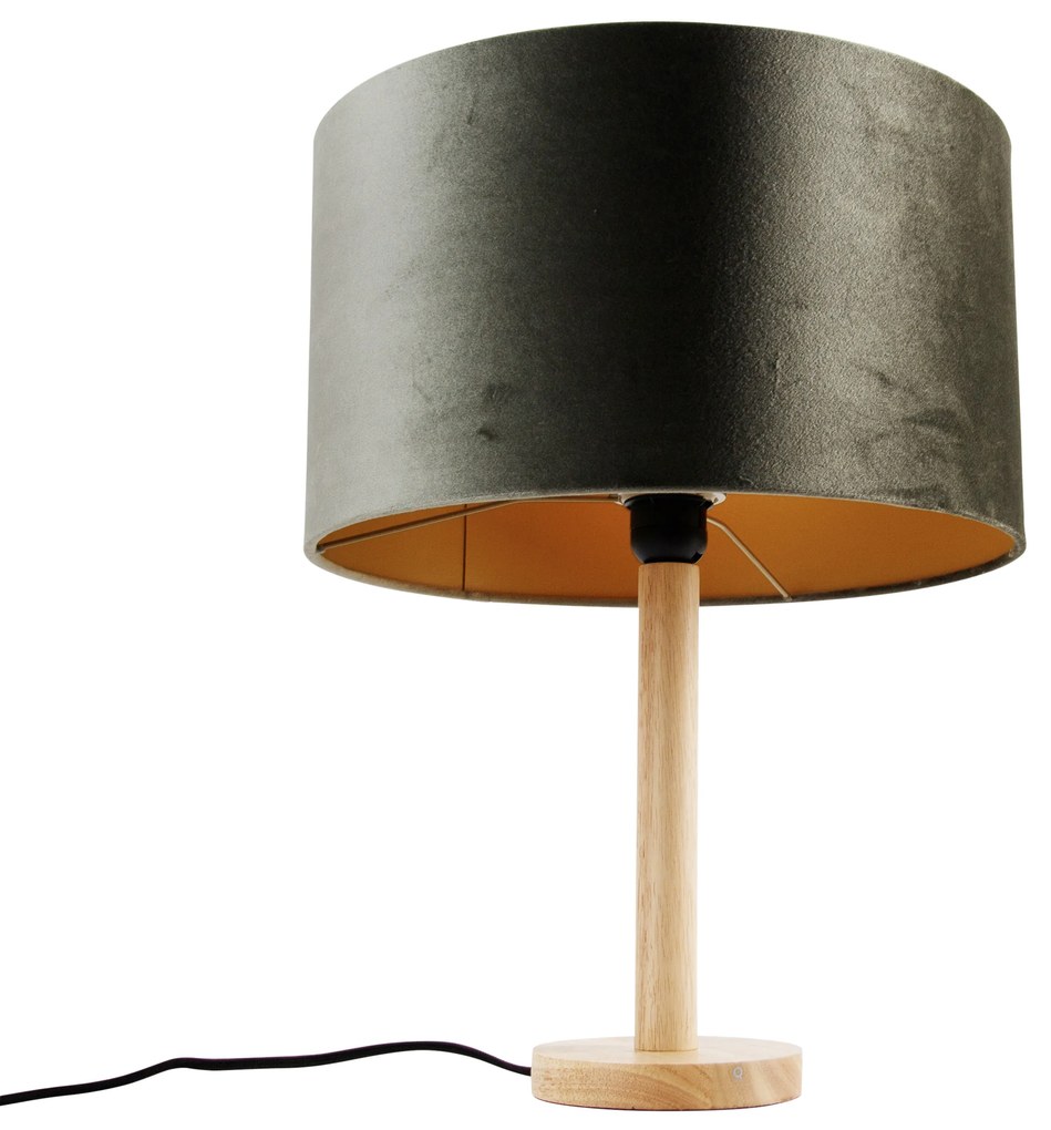 Дървена настолна лампа със зелен кадифен абажур 35 см - Mels