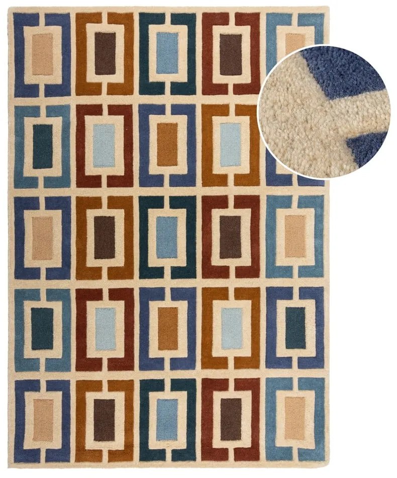 Ръчно изработен вълнен килим в син и оранжев цвят 160x230 cm Retro Blocks – Flair Rugs