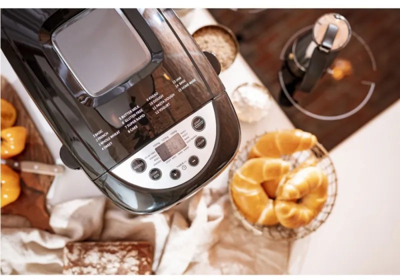 Хлебопекарна Mesko MS 6022, 1/1.5 кг, 850 W, 15 програми, LCD Дисплей, Двойна бъркалка, Подвижна кошница, Черен