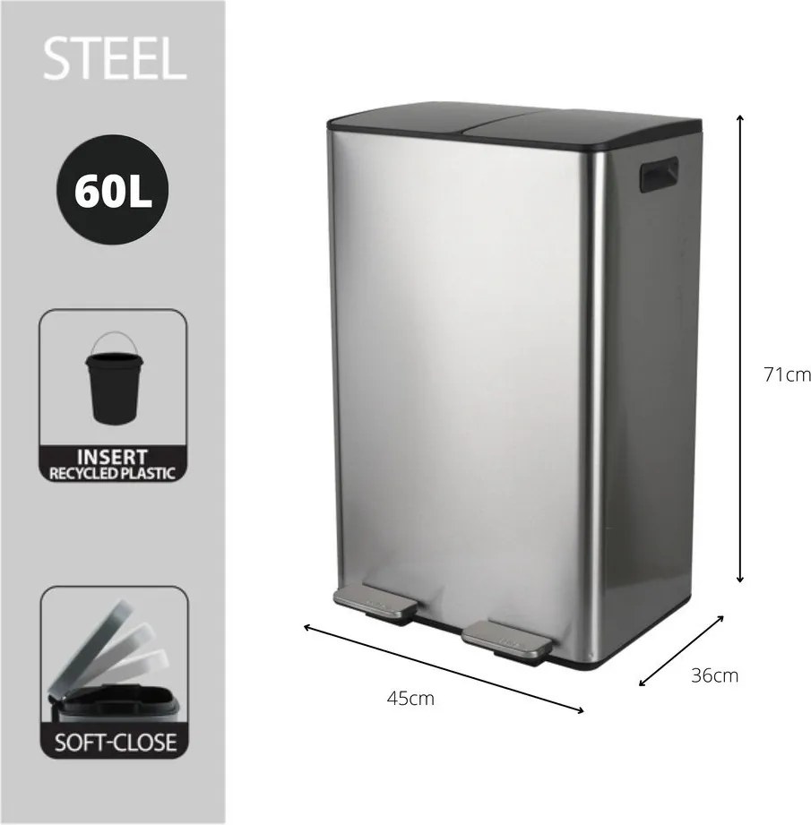 Стоманено кошче за боклук 2x30 l за рециклиране с педал в матово сребрист цвят Aliya – Spirella