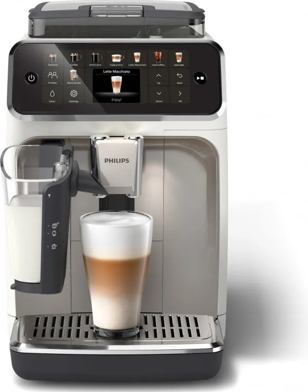 Кафеавтомат Philips LatteGo 5500 EP5543/90, 1500W, 15 bar, 1.8 л, 20 напитки, LatteGo, SilentBrew, QuickStart, Керамична мелачка, Сензорен екран, Бял хром