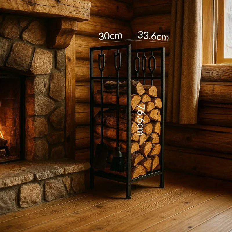 Стойка за дърва за огрев с инструменти Adler AD 6815, До 80 кг, Два рафта, Стоманена конструкция, Черен