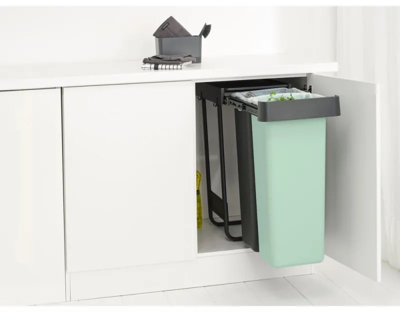 Кош за разделно събиране на боклук Brabantia Sort&Go 1008863, 2x30 л, Вътрешен монтаж с телескопична рамка, Сив/зелен