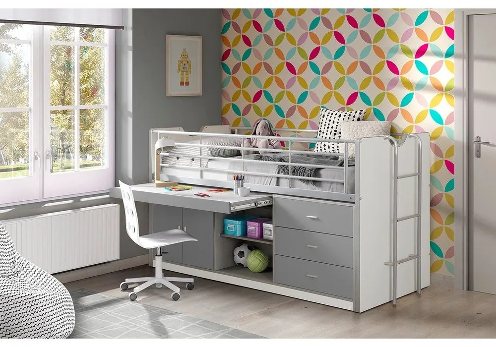 Бяло-сиво повдигнато детско легло с място за съхранение и включена подматрачна рамка 90x200 cm Bonny – Vipack