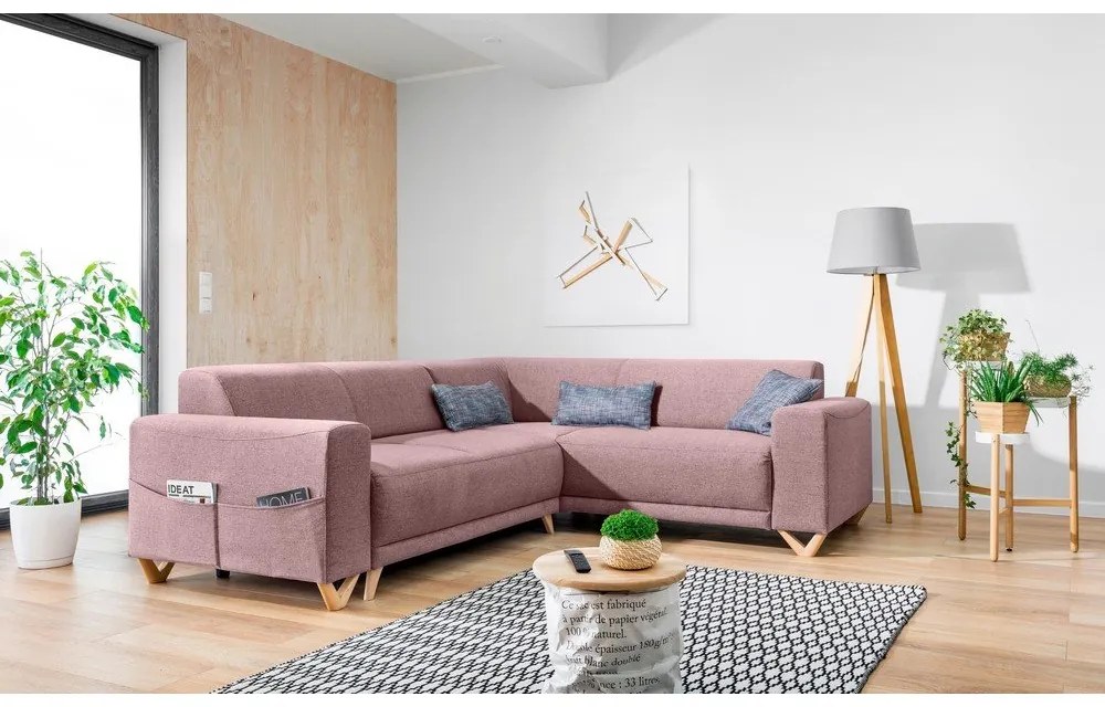 Розов разтегателен/с място за съхранение ъглов диван (десен ъгъл/L форма) Classy Sophie – Miuform