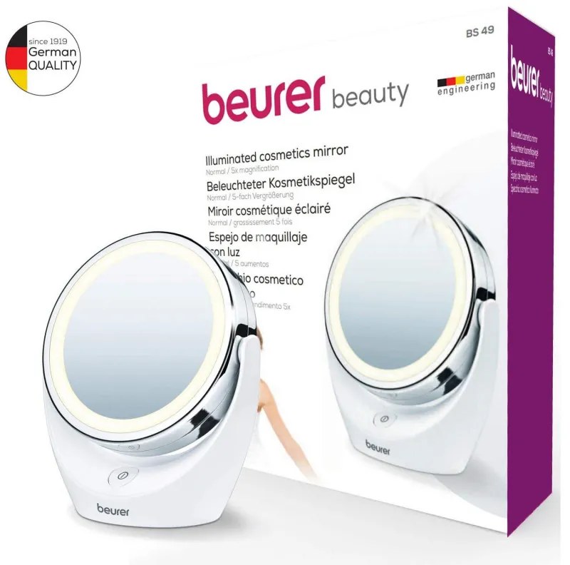 Козметично огледало Beurer BS 49, 11 см, LED светлина, Хромирано покритие, Въртящо, Бял