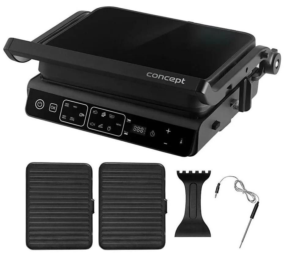Concept ge3600 - Контактен грил с термодатчик GLASS 2000W/230V черен