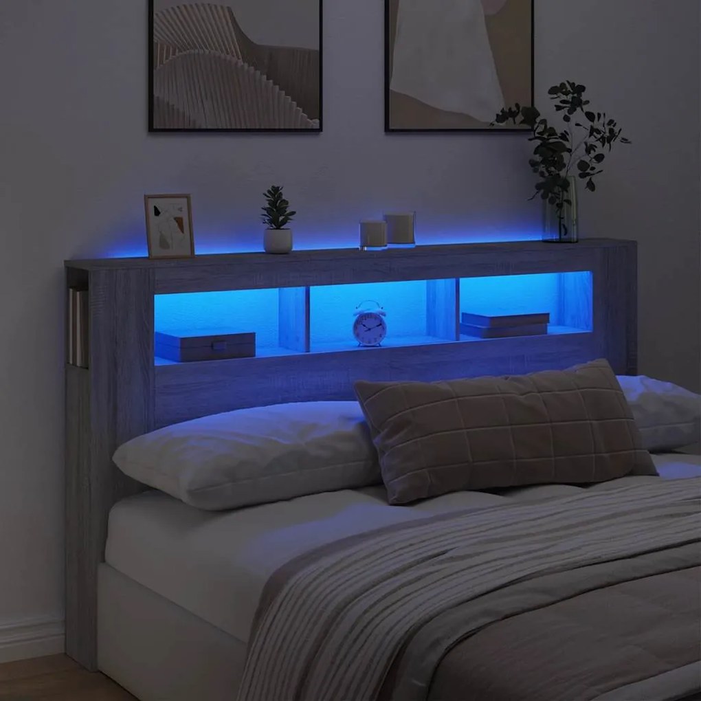 837363 vidaXL LED горна табла, сив сонома, 180x18,5x103,5 см, инженерно дърво