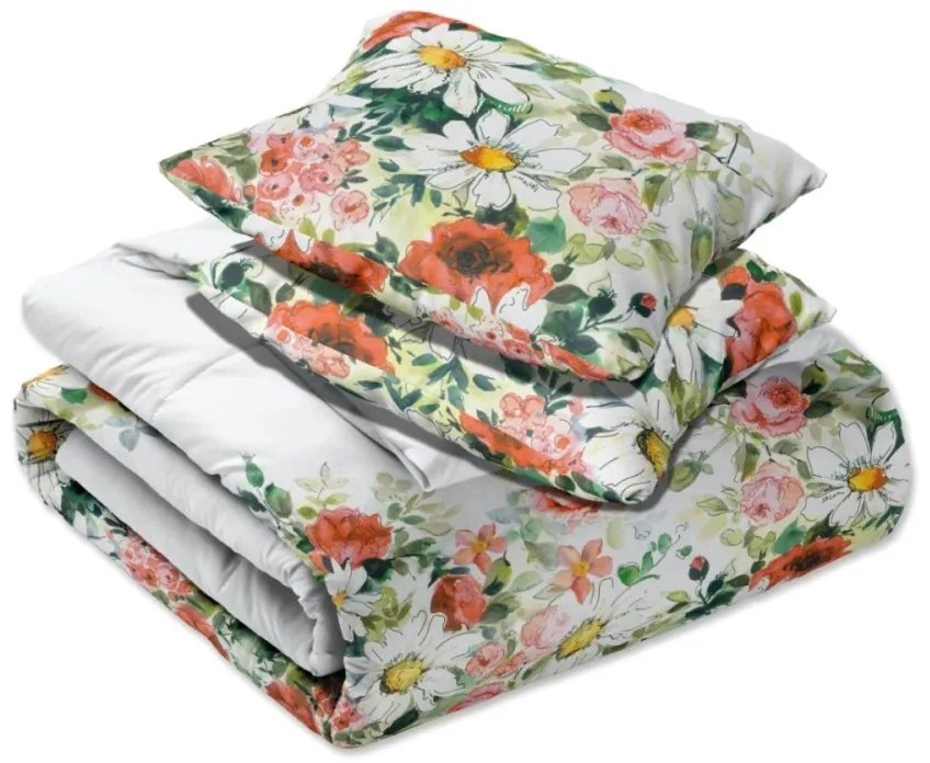 Чаршафи от памучен сатен - маргаритки и рози на бял фон 2 части: 1 бр. 140x200 + 1 бр. 70x80