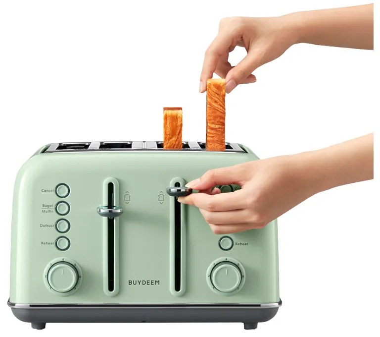 Тостер за хляб BUYDEEM DT640E, 1800W, 4 слота, 7 автоматични програми, 7 степени на препичане, LED индикатори, Тави за трохички, Високо изскачане, Зелен