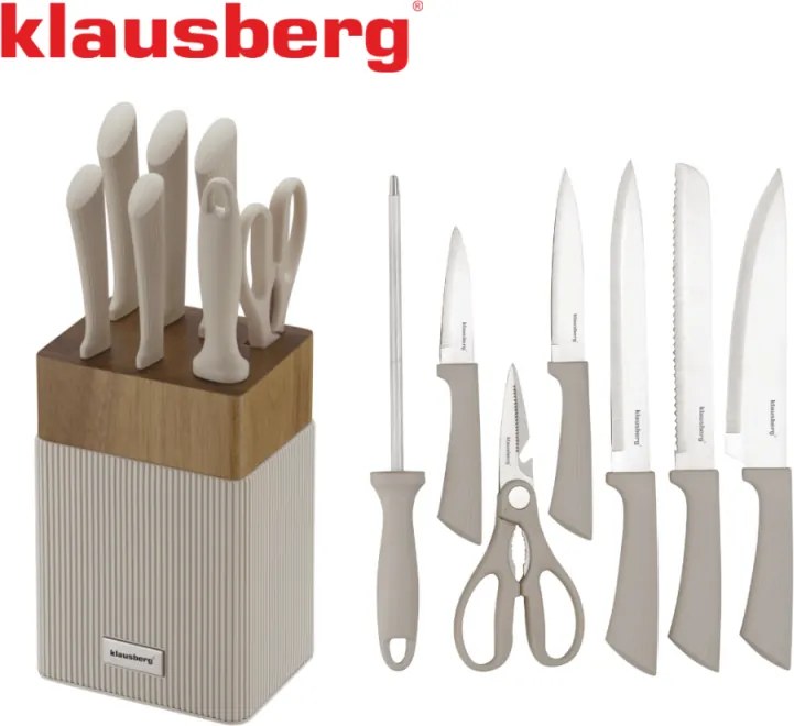 Комплект ножове Klausberg KB 7984, 8 части, Неръждаема стомана, Точило, Стойка от акациево дърво, Бежов/дървесен