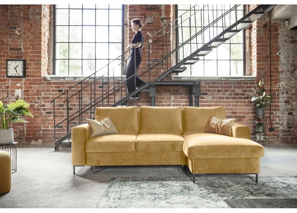 Ъглов разтегателен диван от кадифе в горчично жълто, десен ъгъл Lofty Lilly - Miuform