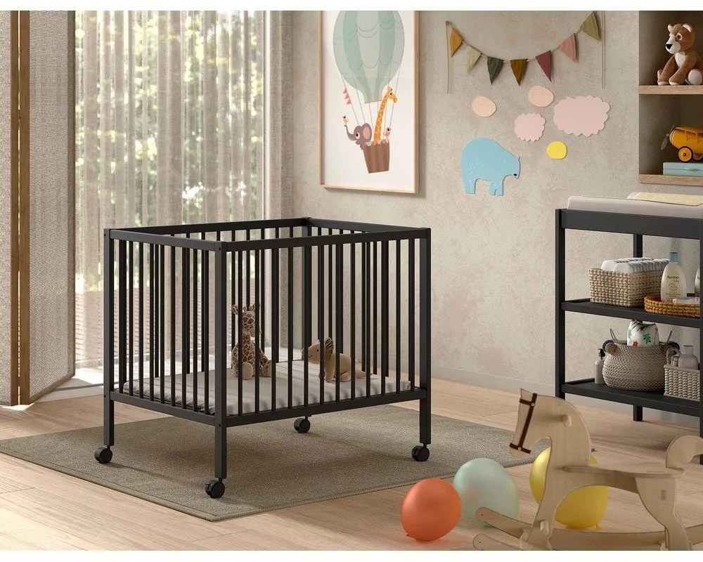 Антрацитна кошара за игра от масивен бук с регулируема височина/на колелца 95x75 cm Dino – Vipack