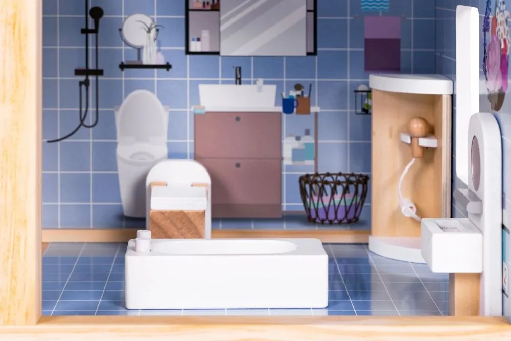 Многоетажна дървена къща за кукли с мебели