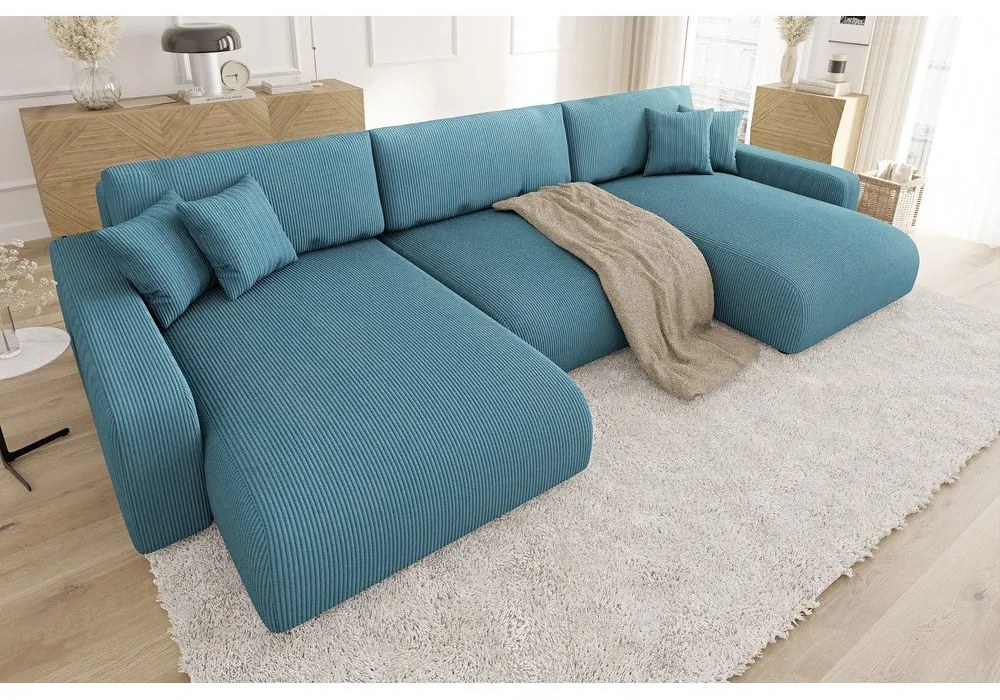 Тюркоазен ъглов диван с място за съхранение от рипсено кадифе Sara – Ropez
