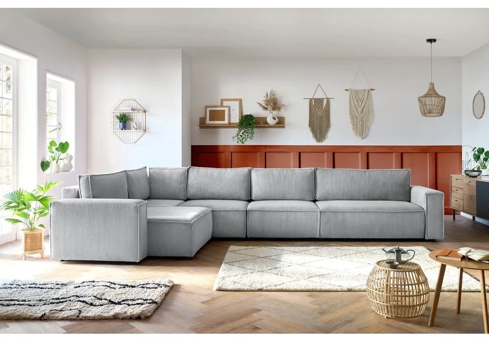 Светлосив ъглов диван от велур, ляв ъгъл Nihad modular – Bobochic Paris