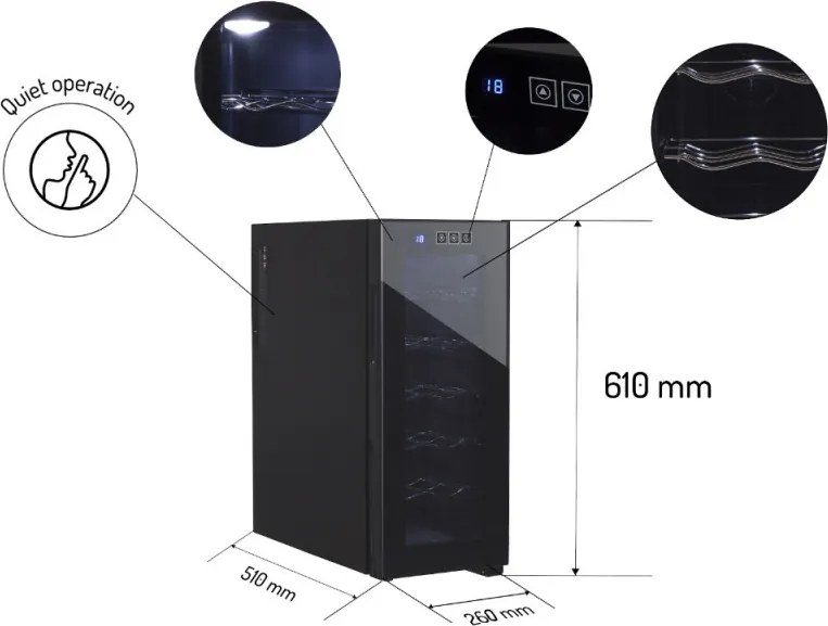 Охладител за вино Adler AD 8083, 33 L, Дигитален, За 12 бутилки, 15-18 C, Черен