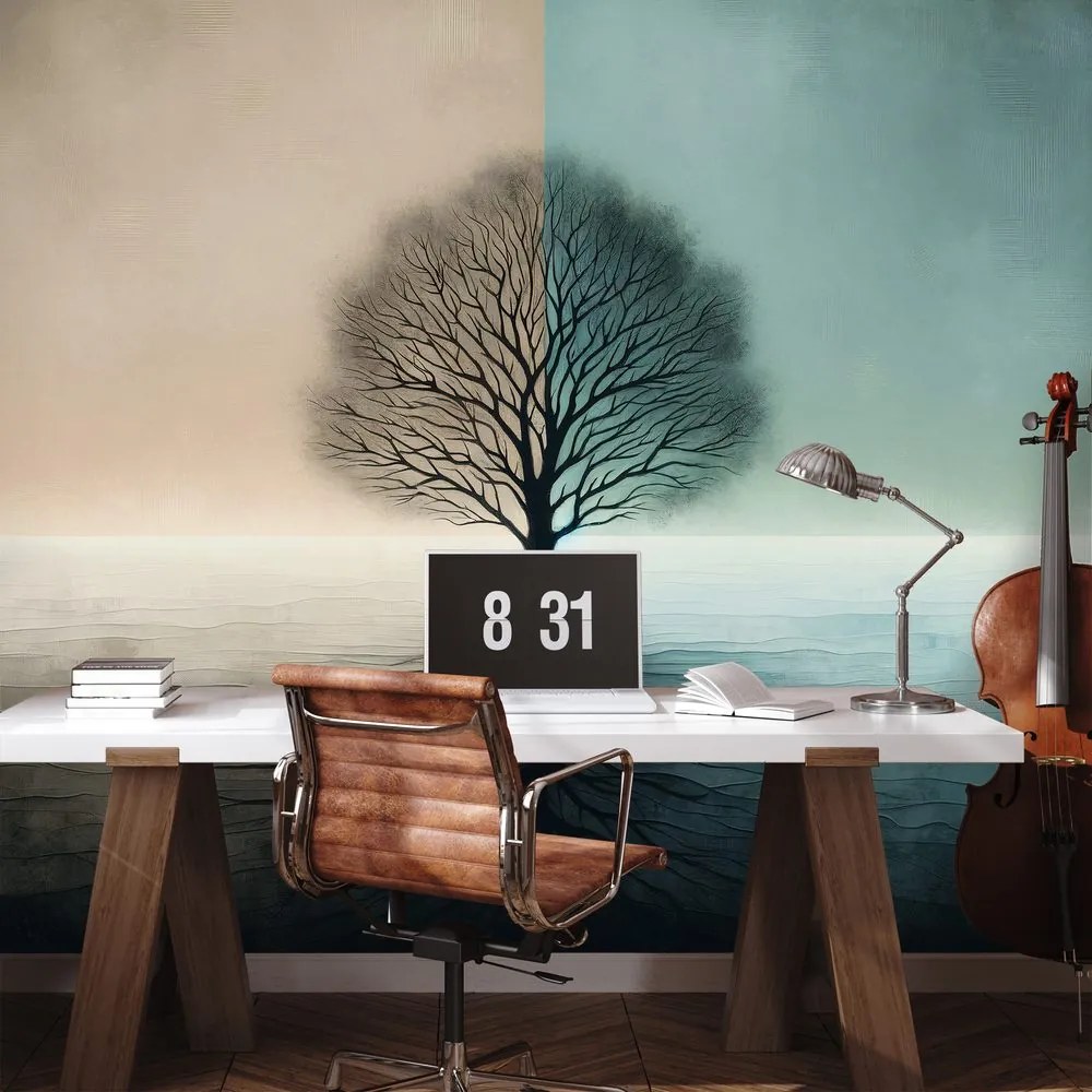 Самозалепващ тапет – Дървото на живота в синьо-бежов контраст