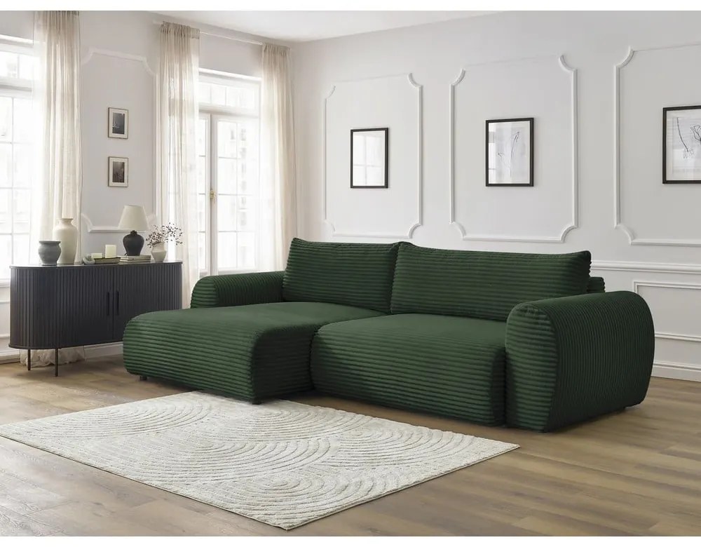 Тъмнозелен разтегателен ъглов диван от рипсено кадифе (ляв ъгъл) Lucien – Bobochic Paris