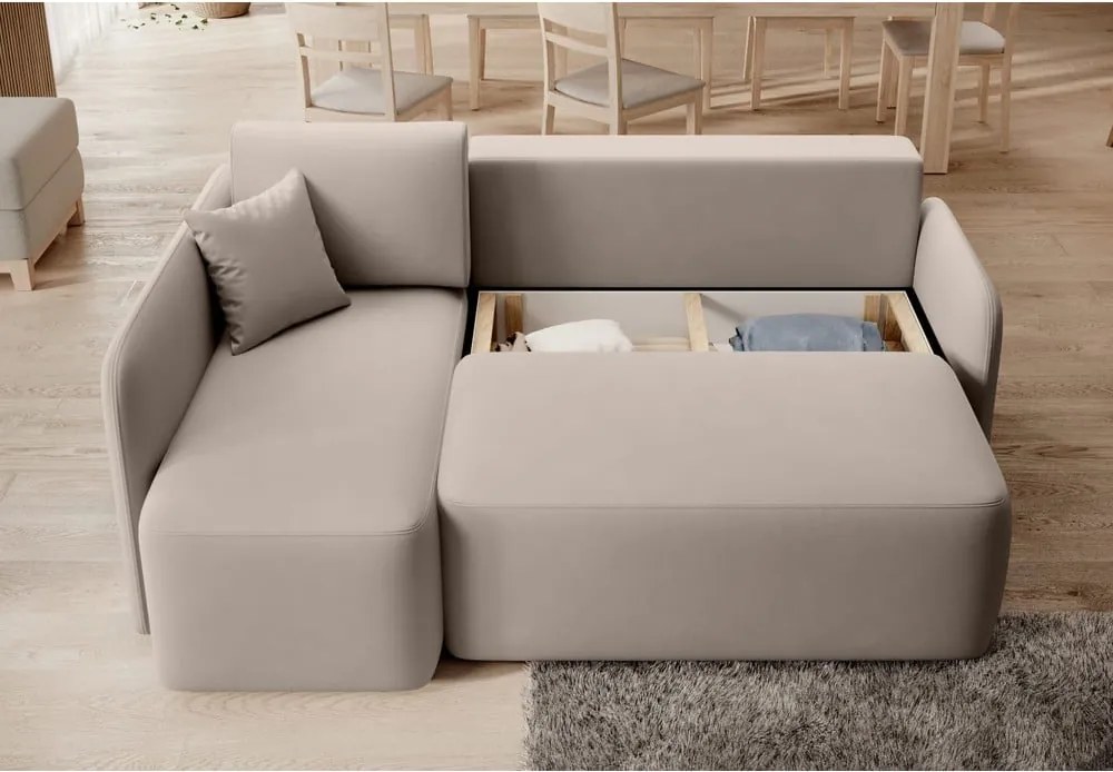 Бежов кадифен разтегателен ъглов диван с място за съхранение (ляв ъгъл) Hadson – ELTAP