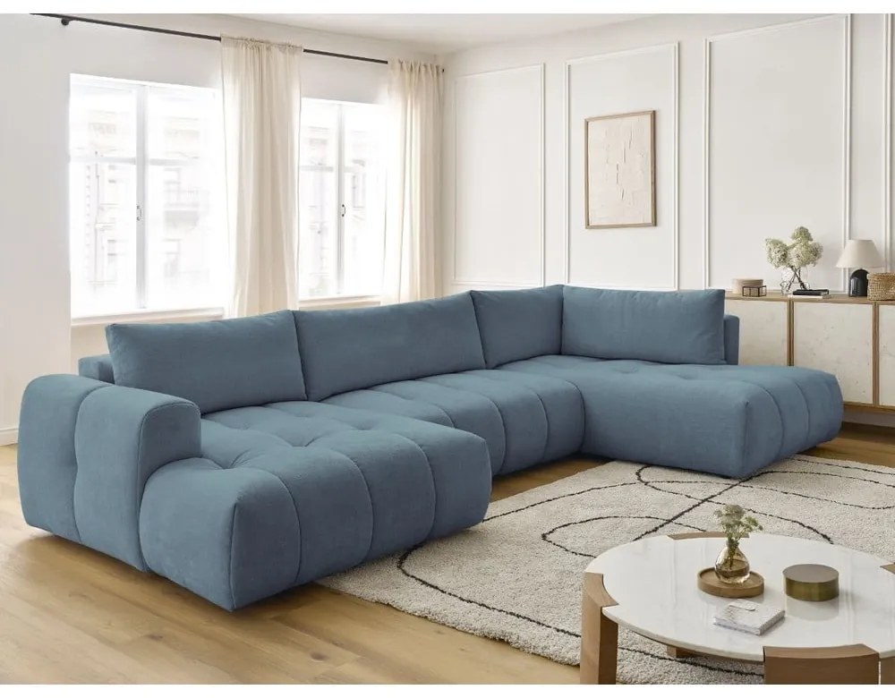 Син сгъваем/с място за съхранение ъглов диван (десен ъгъл/U форма) Fuji – Bobochic Paris
