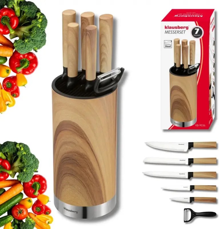 Комплект кухненски ножове Klausberg KB 9036, 7 ч, Неръждаема стомана, Дървесен ефект, Стойка, Кафяв