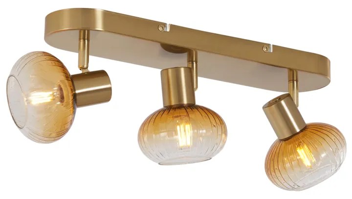 Кръгла таванна лампа златна с кехлибарено стъкло 3-светлинна - Теди