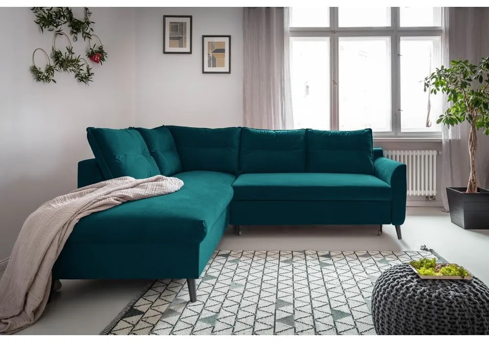 Ъглов разтегателен диван от тюркоазено кадифе L, ляв ъгъл Stylish Stan - Miuform