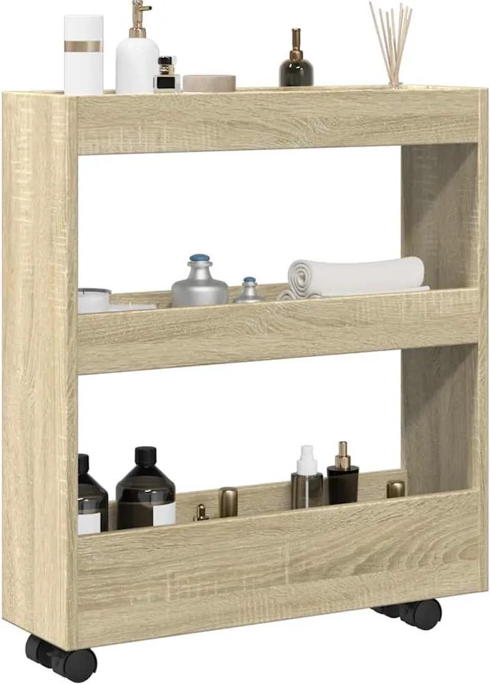 855243 vidaXL Тясна количка за съхранение 3 нива дъб сонома инженерно дърво