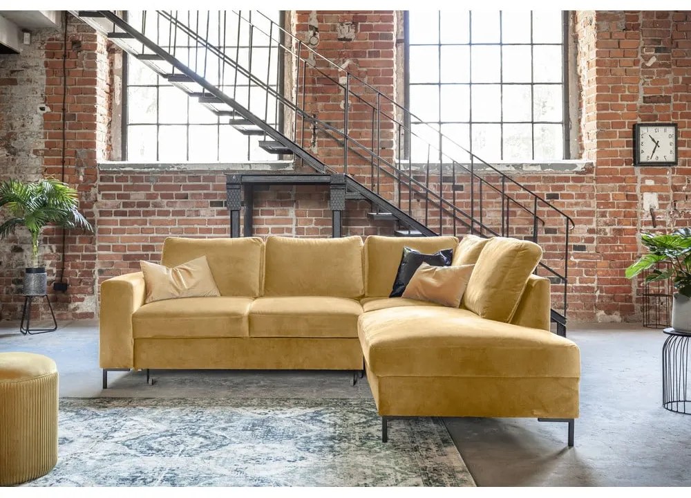 Жълт кадифен разтегателен ъглов диван (десен ъгъл) Lofty Lilly – Miuform
