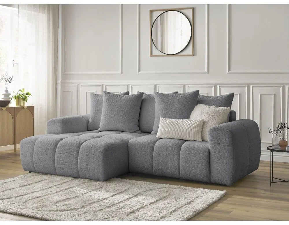 Сив разтегателен ъглов диван с място за съхранение от букле (ляв ъгъл) Roxelane – Bobochic Paris