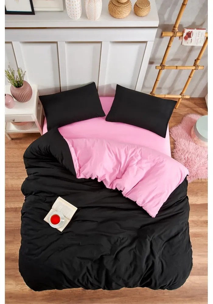 Черно-розово единично удължено спално бельо с включен долен чаршаф 3 части 160x220 cm Classic – Mila Home