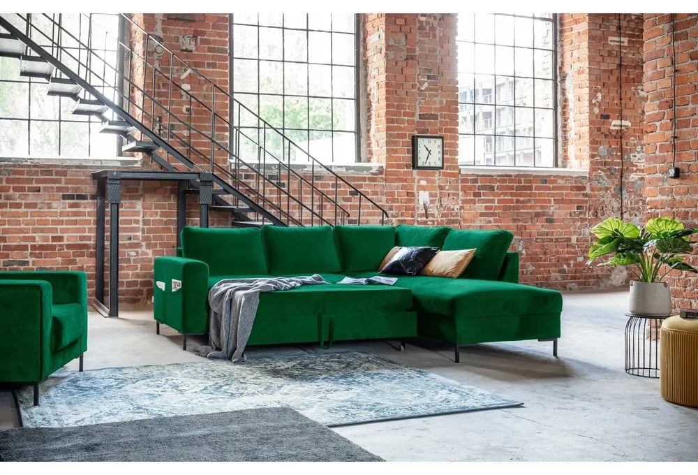 Тъмнозелен кадифен разтегателен ъглов диван (десен ъгъл) Lofty Lilly – Miuform