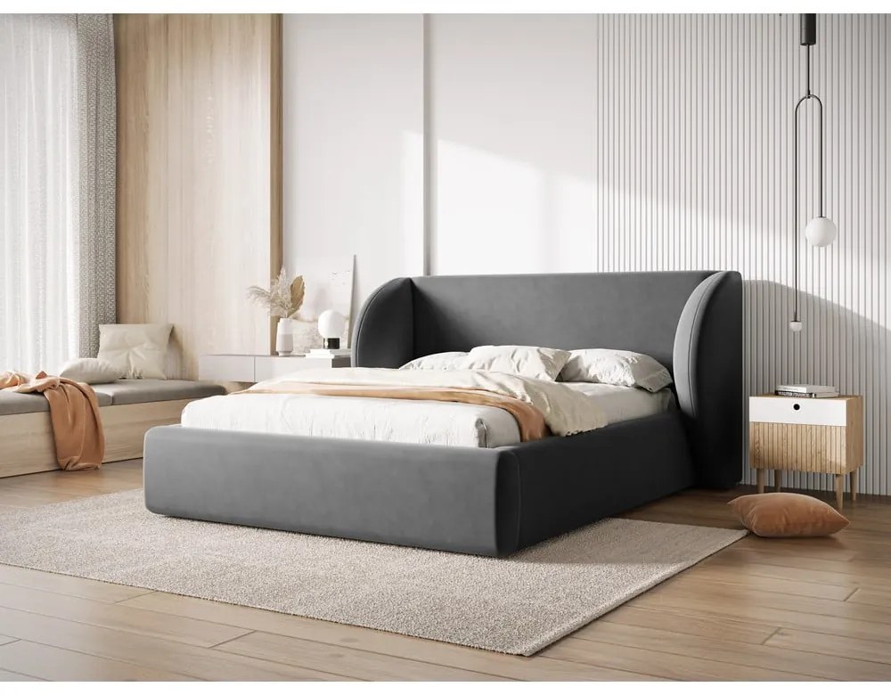 Тъмносиво тапицирано двойно легло с място за съхранение с решетка 160x200 cm Miley - Micadoni Home