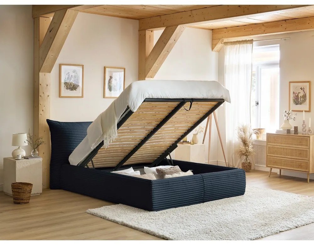 Тъмносиньо двойно тапицирано легло с място за съхранение с включена подматрачна рамка 180x200 cm Jade – Bobochic Paris