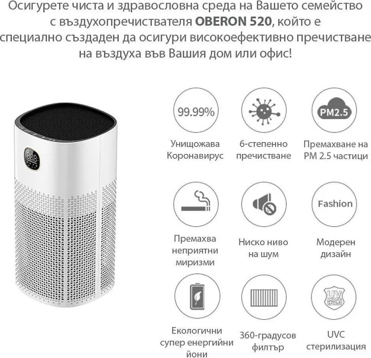 Пречиствател за въздух Attractive OBERON 520, 50W, За до 62 м2, Wi-Fi, 5 скорости, Таймер, Нощен режим, Дистанционно, Интелигентен сензор за замърсяване, Бял