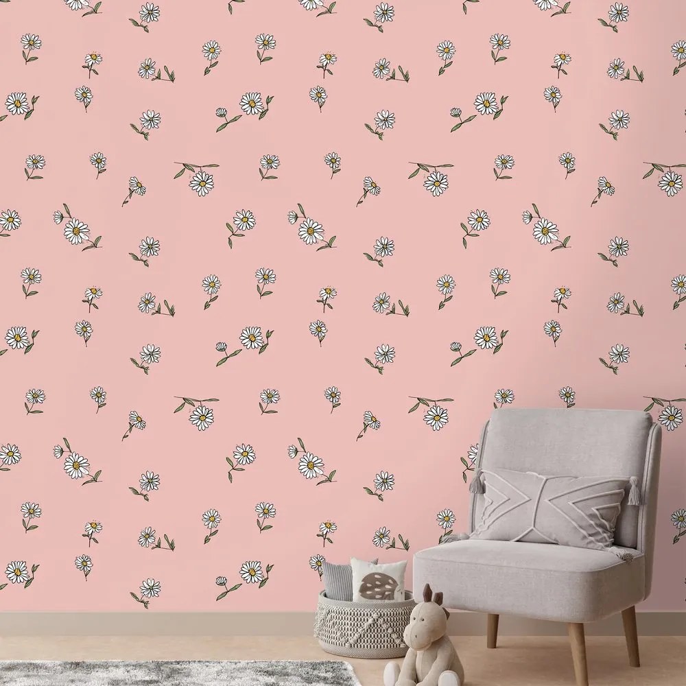 Тапет – Розов фон с бели цветчета