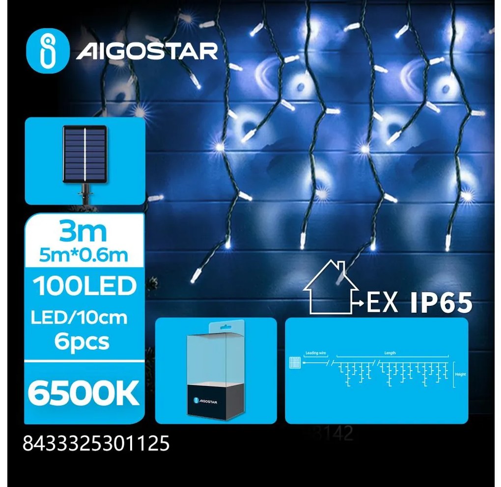 Aigostar LED соларен коледен гирлянд 100 LED, 8 функции, 8x0,6m, IP65, студена б