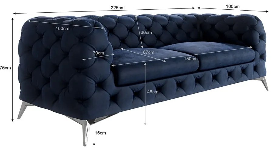 Тъмносин кадифен диван 225 cm Chelsea – Ropez