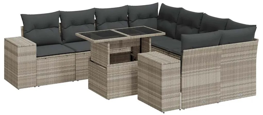 3326773 vidaXL Градински комплект с възглавници, 9 части, светлосив полиратан