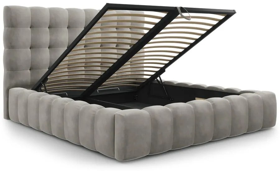 Светлосиво тапицирано двойно легло с място за съхранение и решетка 200x200 cm Bali - Cosmopolitan Design