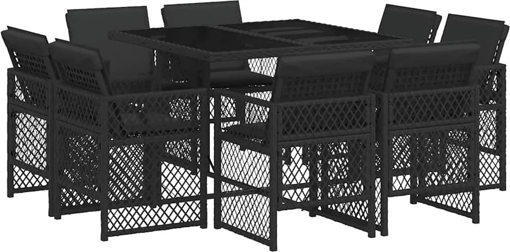 3210835 vidaXL Градински трапезен комплект възглавници 9 части черен полиратан