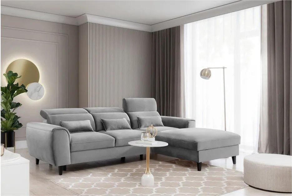 Сив кадифен разтегателен ъглов диван с място за съхранение (десен ъгъл) Foble – ELTAP