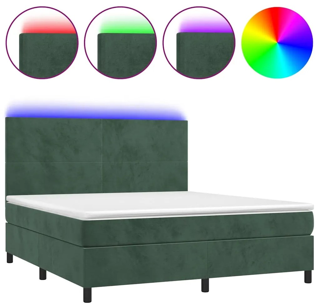 3136020 vidaXL Боксспринг легло с матрак и LED, тъмнозелено, 180x200см, кадифе