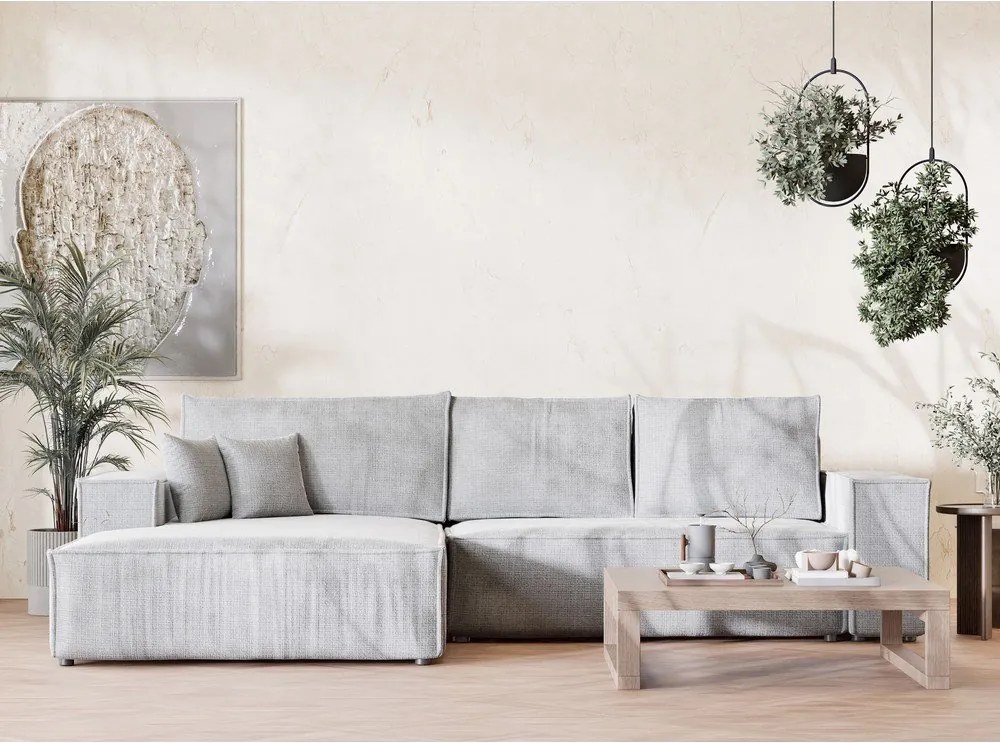 Светлосив шенилов сгъваем/с място за съхранение ъглов диван (ляв ъгъл) Maze – Maison de Rêve