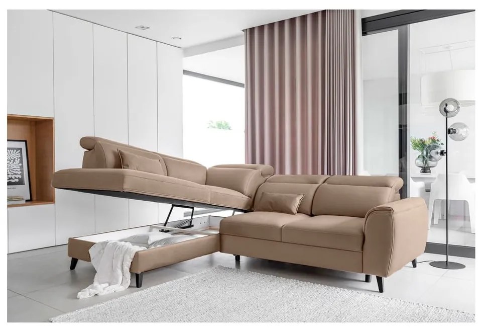 Светлокафяв кадифен разтегателен ъглов диван с място за съхранение (ляв ъгъл L форма) Noble – ELTAP