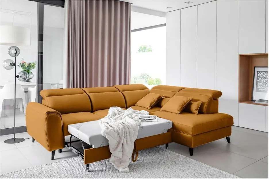 Жълт кадифен разтегателен ъглов диван с място за съхранение (десен ъгъл L форма) Noble – ELTAP
