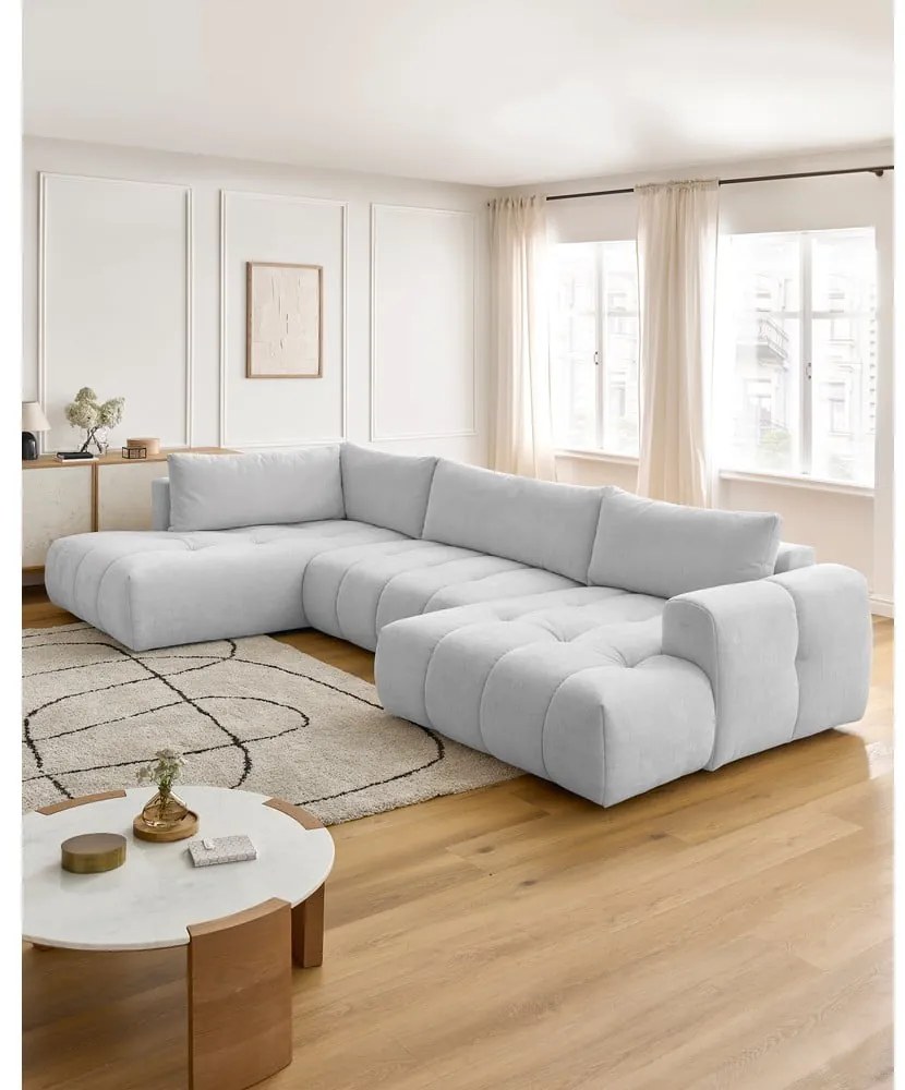 Светлосив сгъваем/с място за съхранение ъглов диван (ляв ъгъл/U форма) Fuji – Bobochic Paris