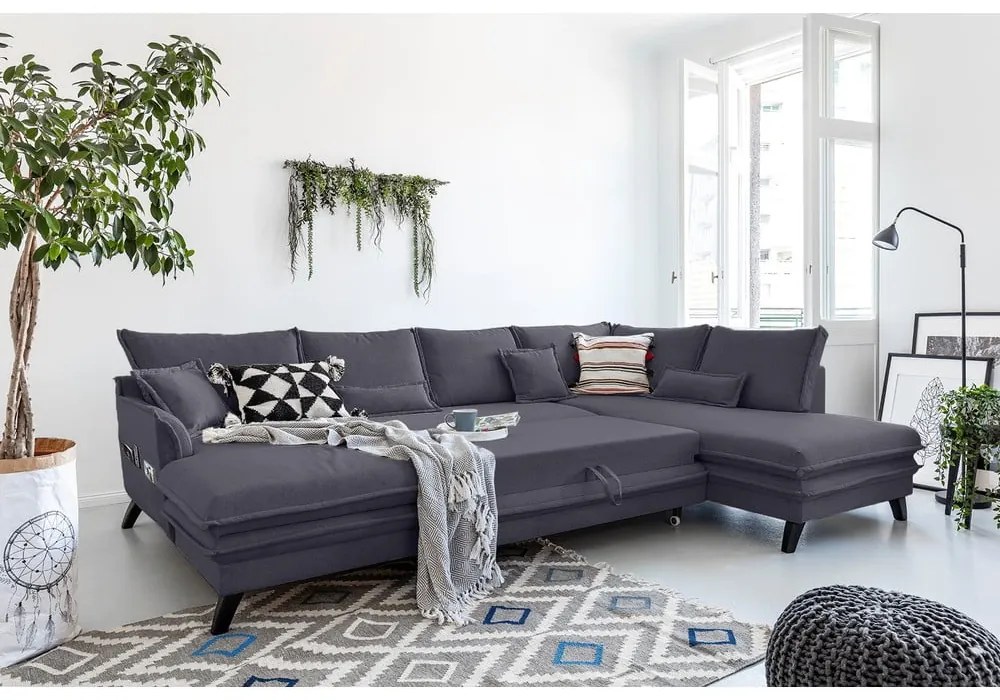 Антрацитен U-образен разтегателен диван, десен ъгъл Charming Charlie - Miuform