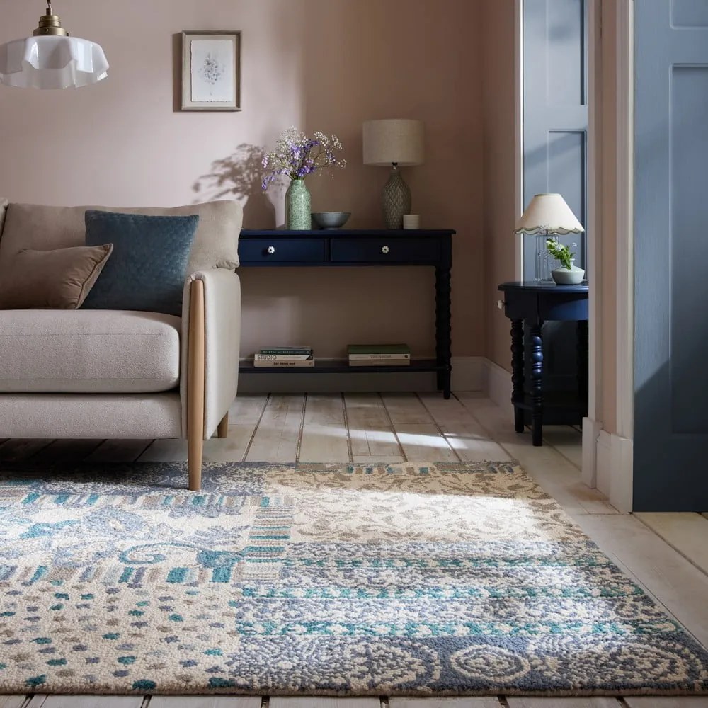 Син/бежов ръчно изработен вълнен килим 200x290 cm Eloise Patchwork – Flair Rugs